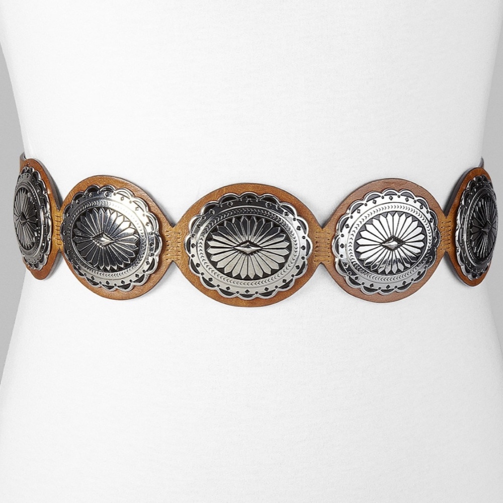 Chico’s Black Leather and Silver Concho Belt